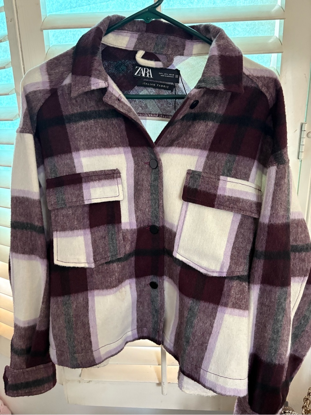 ZARA Multicolor Plaid Button-Front Shacket - Burgundy, Green & Cream